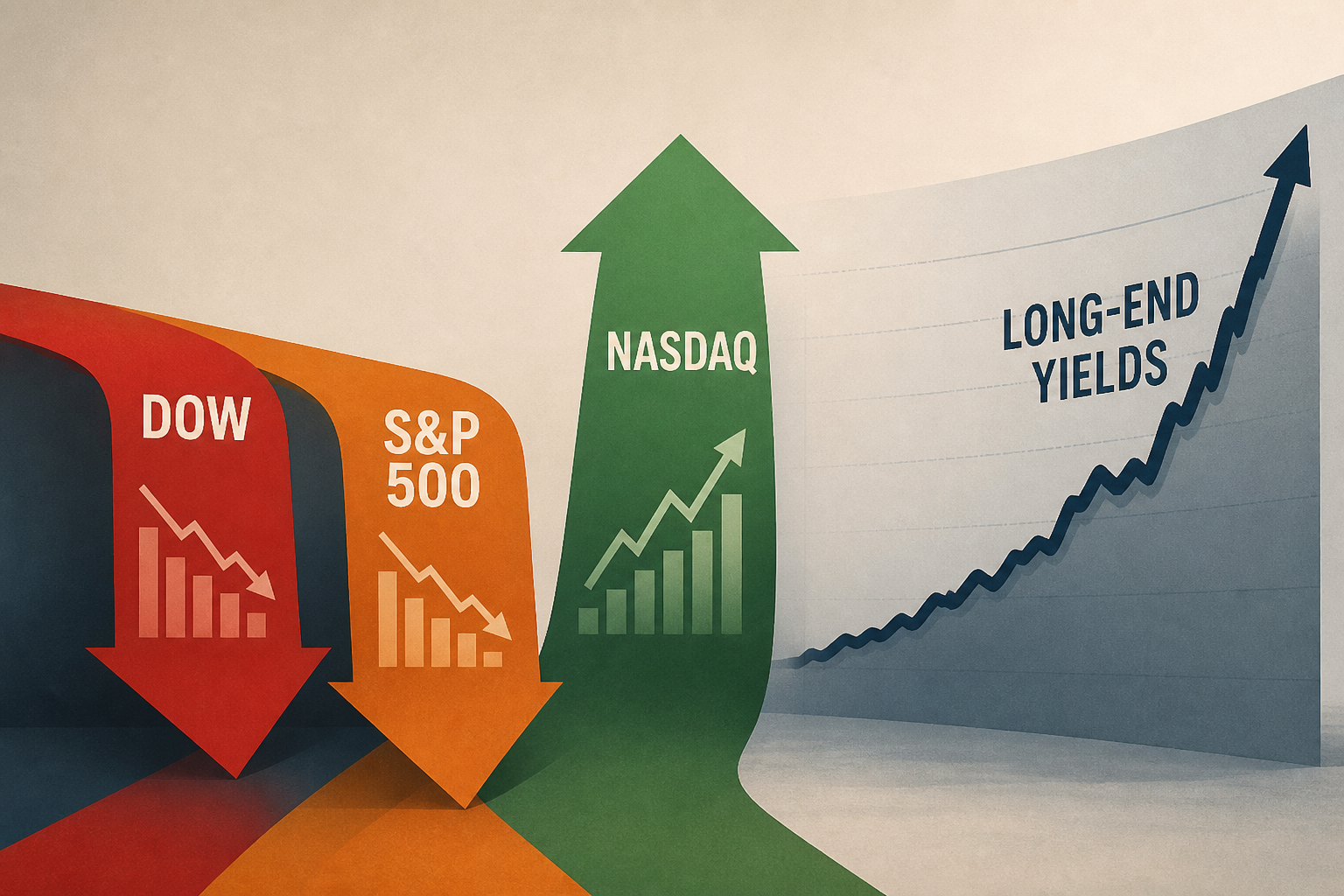 Dow, S&P 500 end lower, but Nasdaq books a gain as long-end yields continue to climb