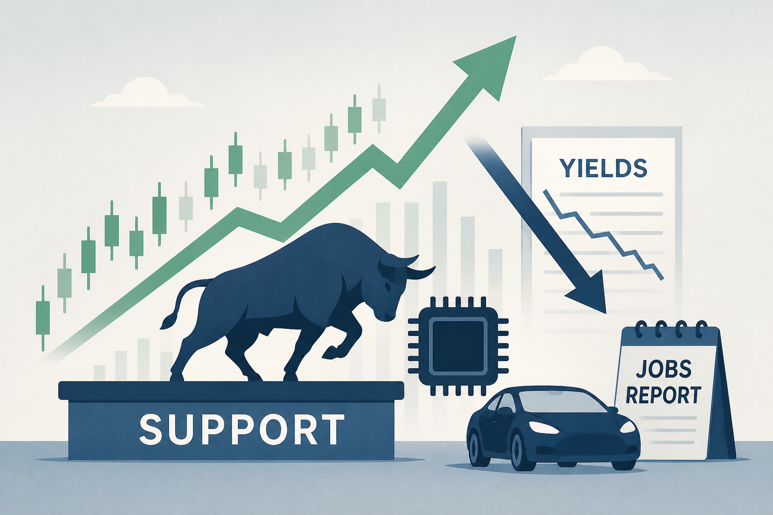 Dow Jones Futures: Stocks Rise Off Support As Yields Skid, Micron In Buy Area; Tesla, Jobs Report Due