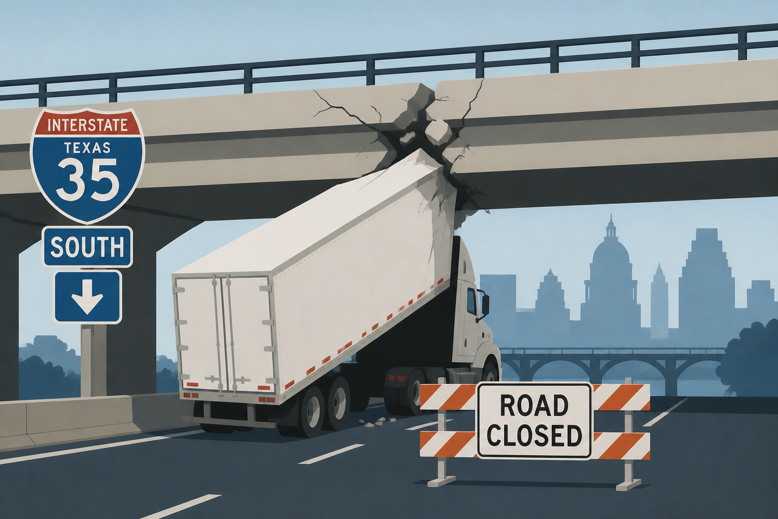 18-wheeler strikes bridge, shuts down southbound I-35 in downtown Austin