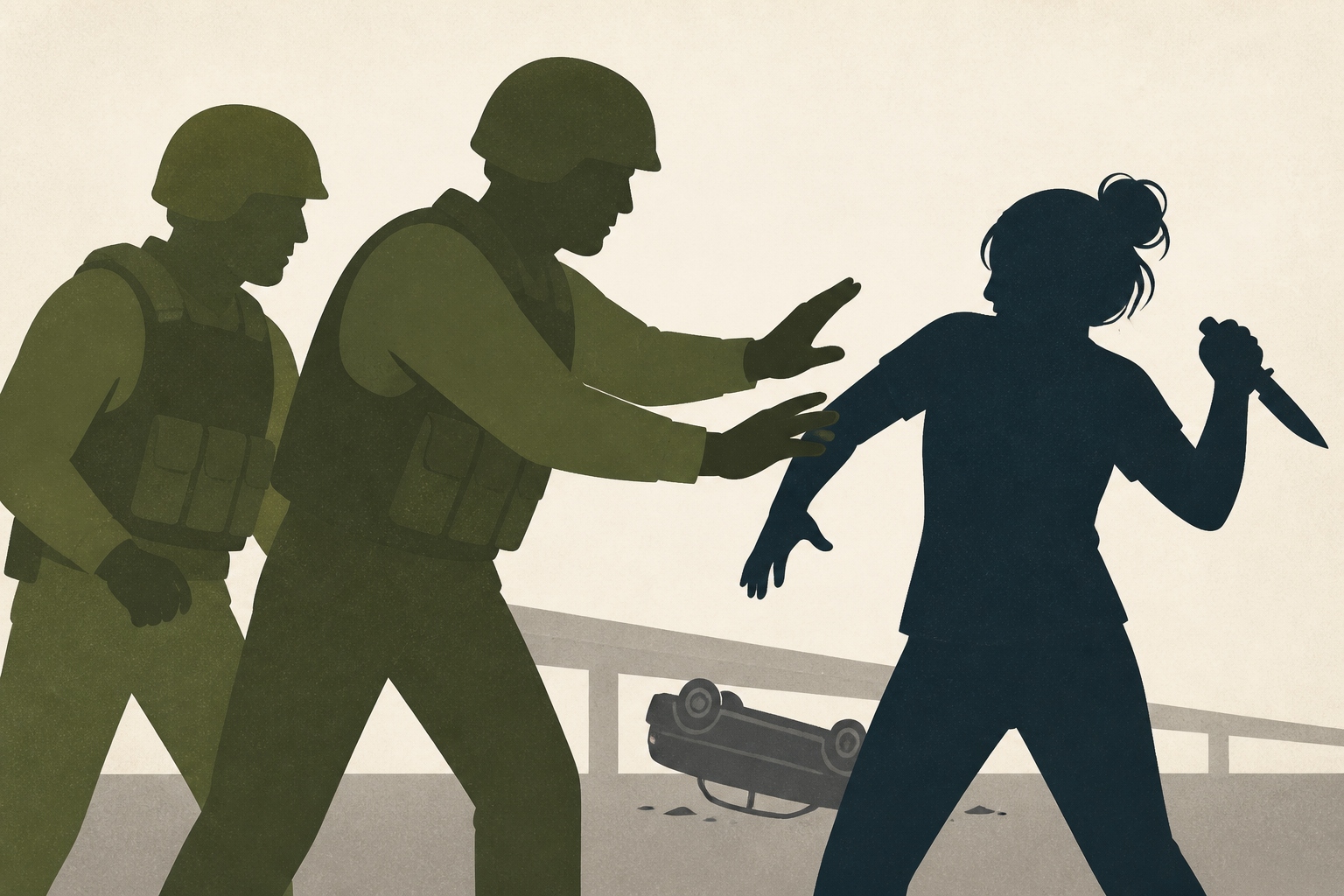 Soldiers disarm woman who allegedly stabbed young girl after freeway rollover