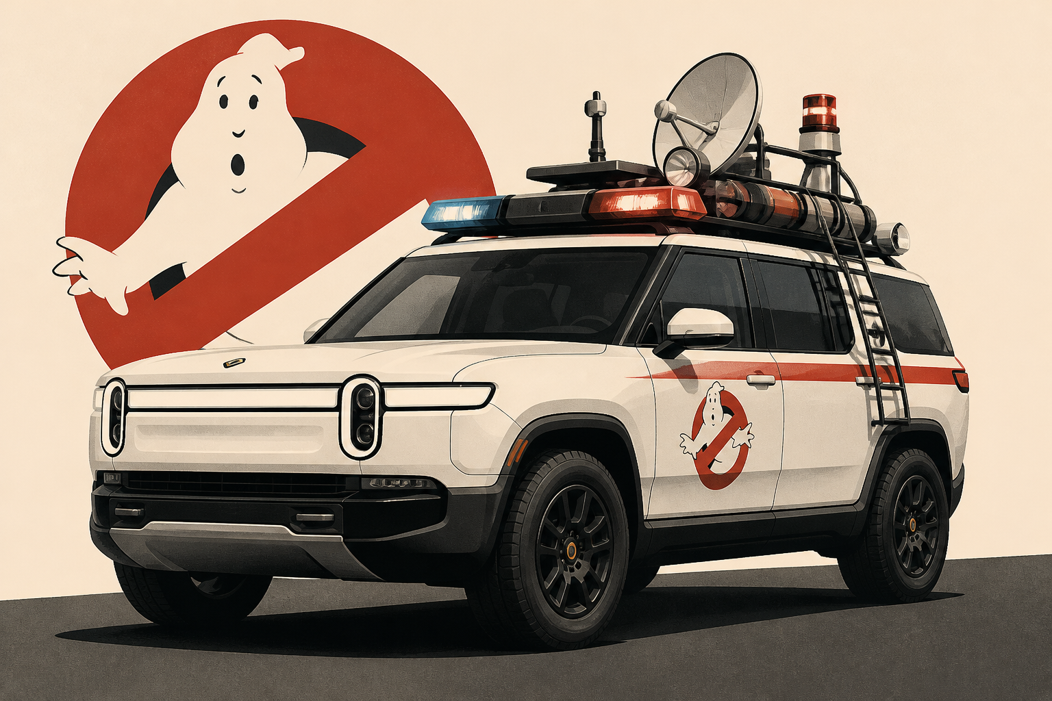 Rivian Turned an R1S Into a Ghostbusters Ecto-1-Sirens, Radar Dish, and All. It Rules