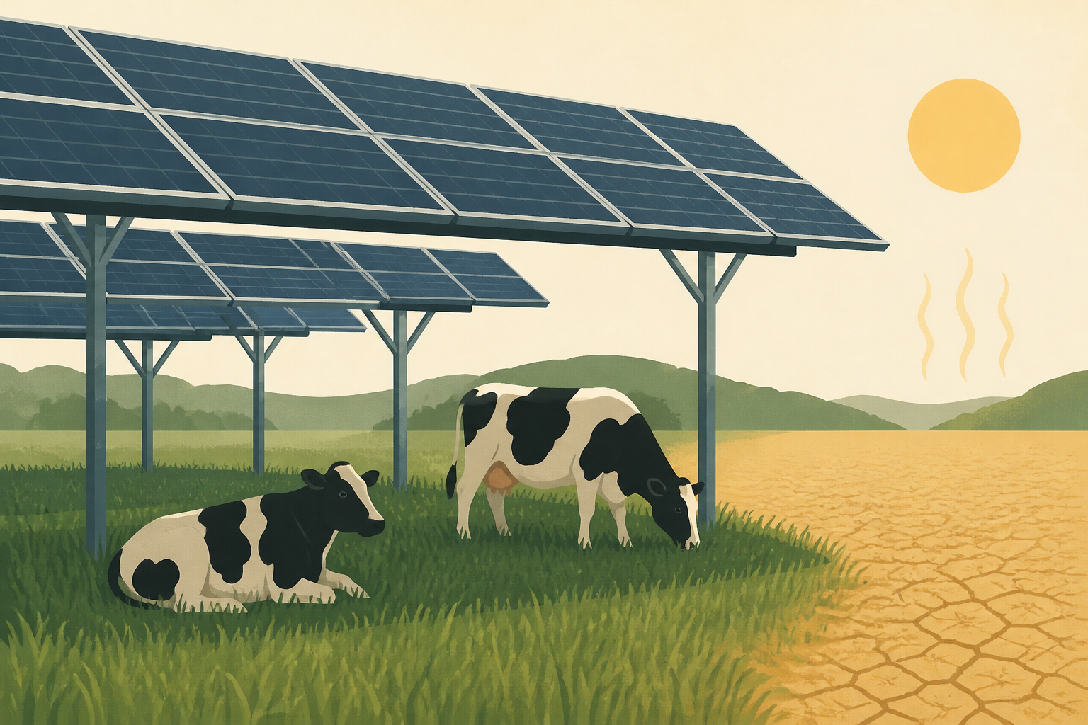A French company raised 5,184 solar panels 16 feet over a Normandy dairy pasture, and when the open field nearby dried out in July, the grass underneath stayed green and on hot days the cows in their