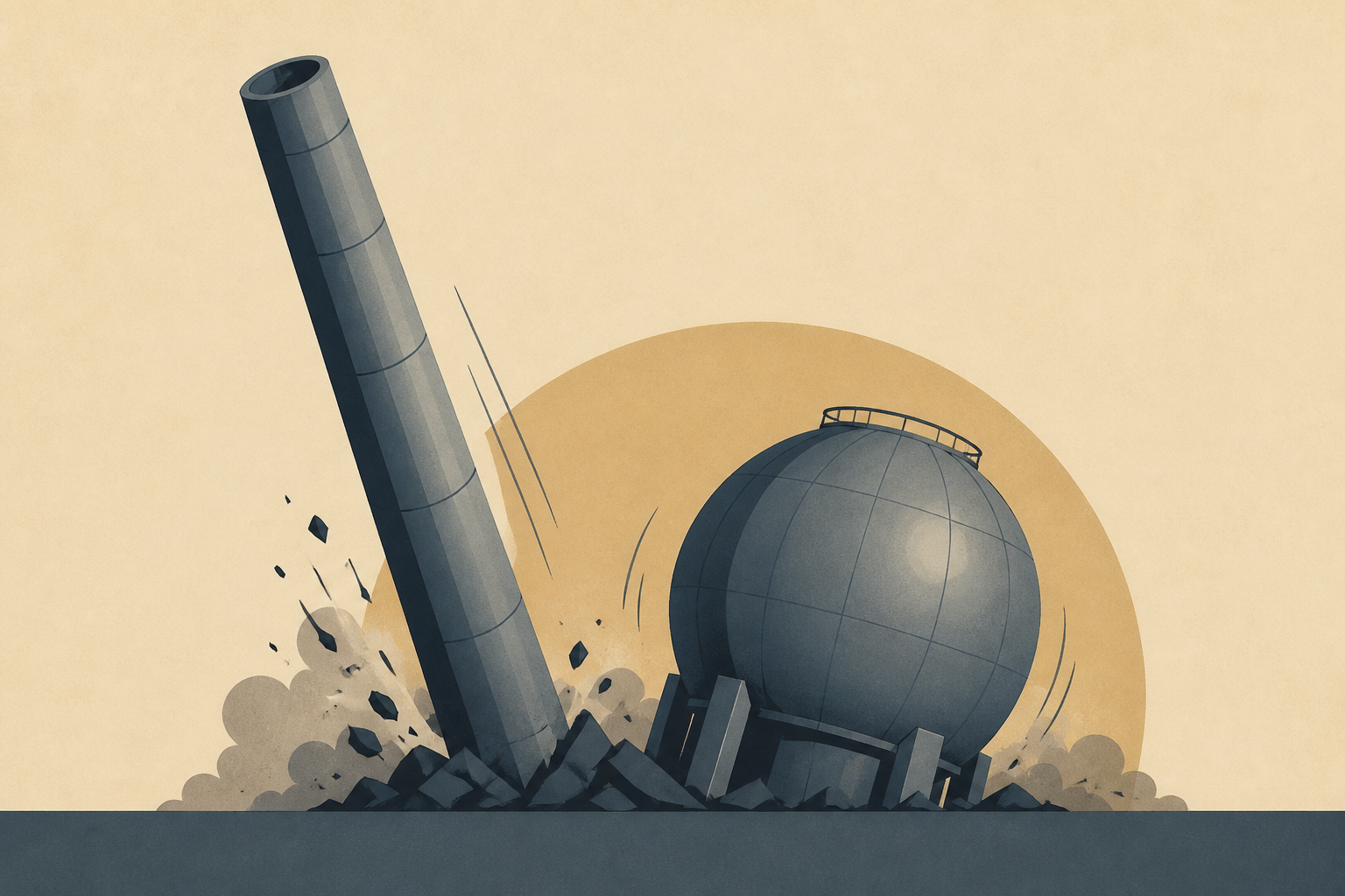 A 262-foot stack at a German nuclear plant tipped onto its side within seconds of the charges going off, and the 157-foot steel sphere that held the reactor comes down next, cleared to be cut up for s