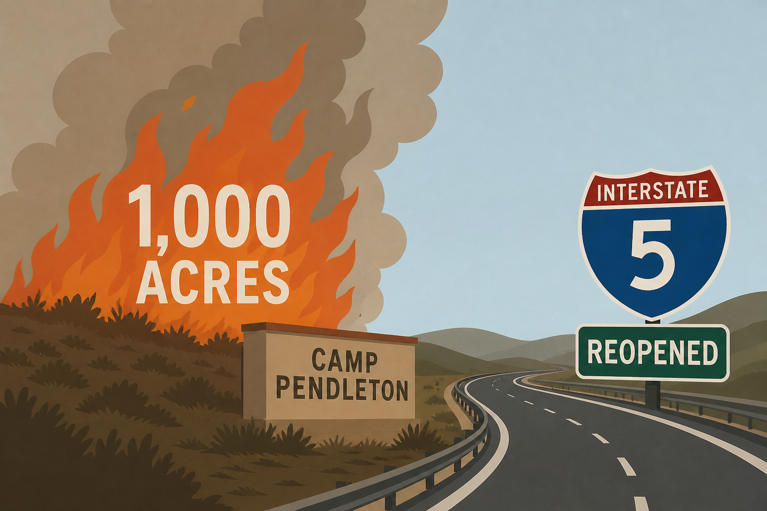Camp Pendleton brush fire grows to 1,000 acres, I-5 reopened