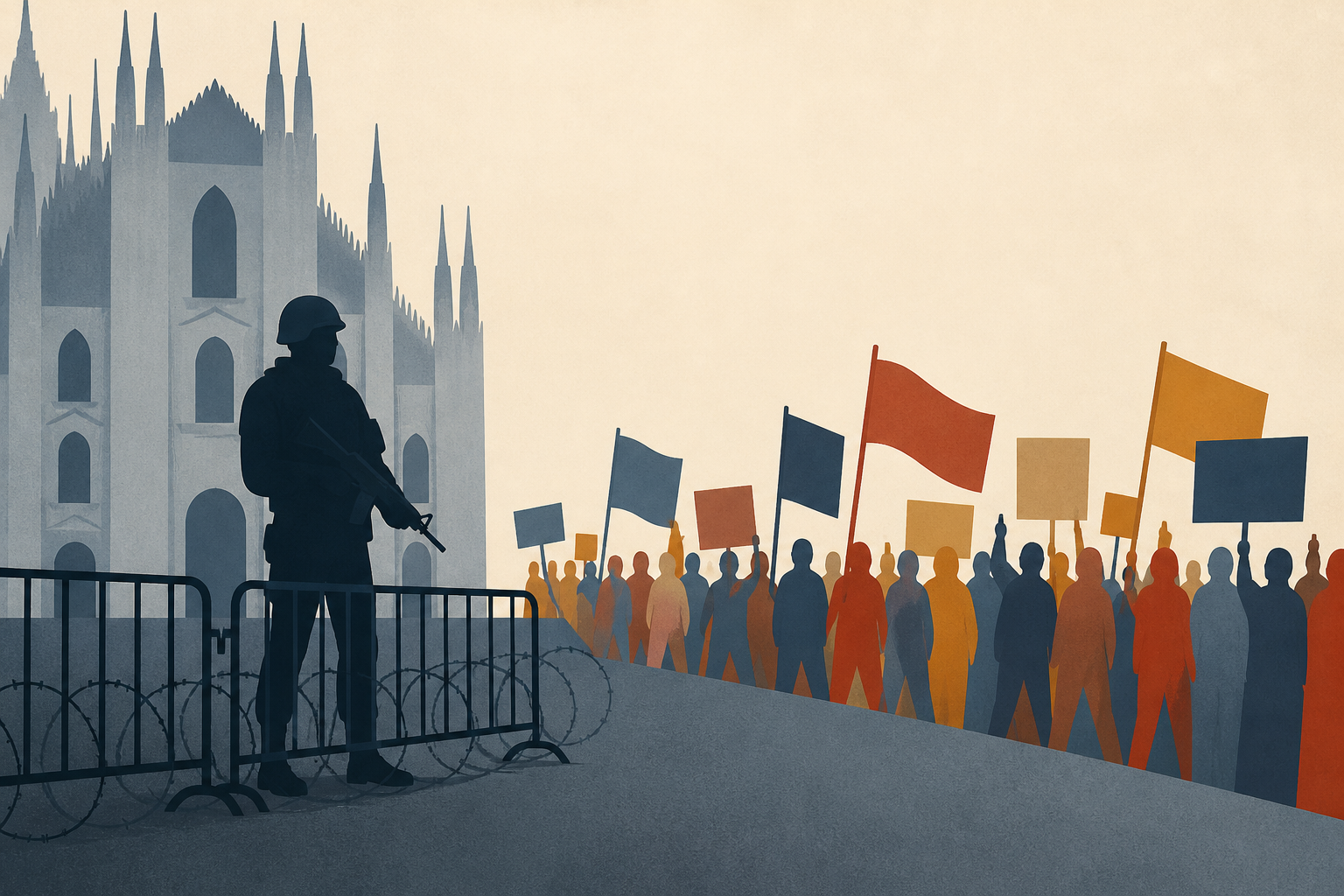Soldiers guard center of Milan as thousands of protesters march in cities across Europe
