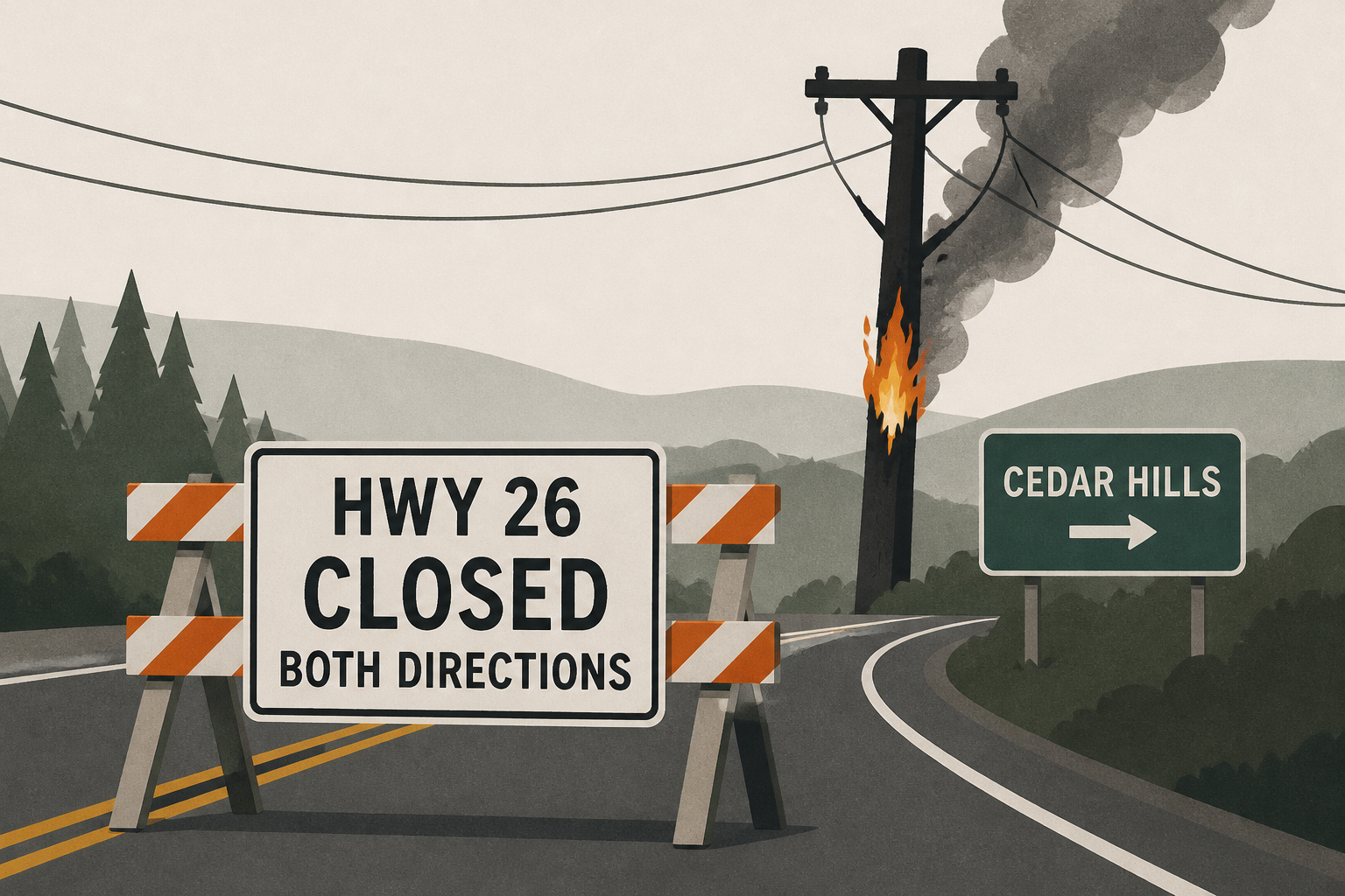 Hwy 26 closed in both directions near Cedar Hills after power pole fire