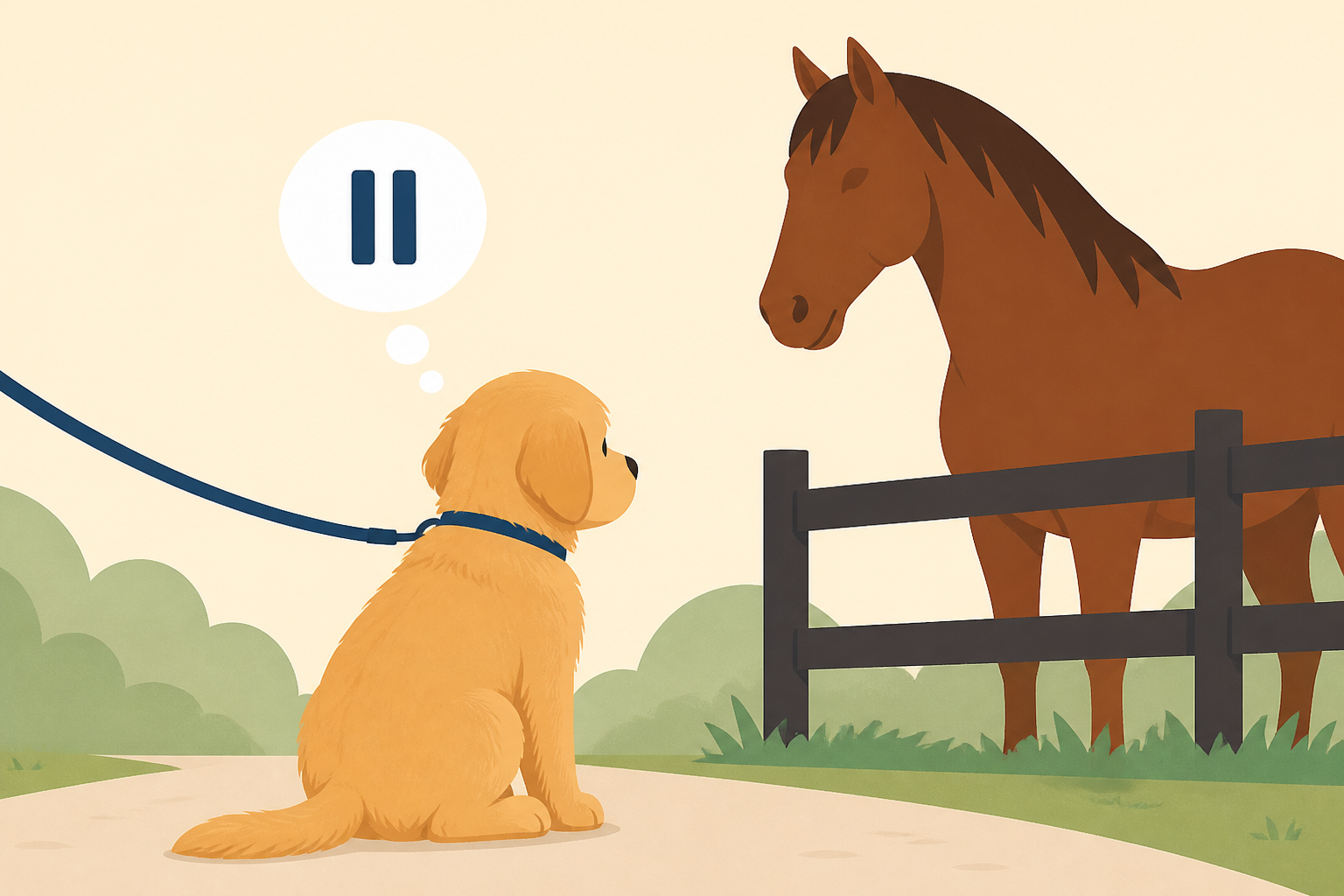 Golden Retriever Puppy Sees a Horse on His Walk & Suddenly Has No Interest in Moving On