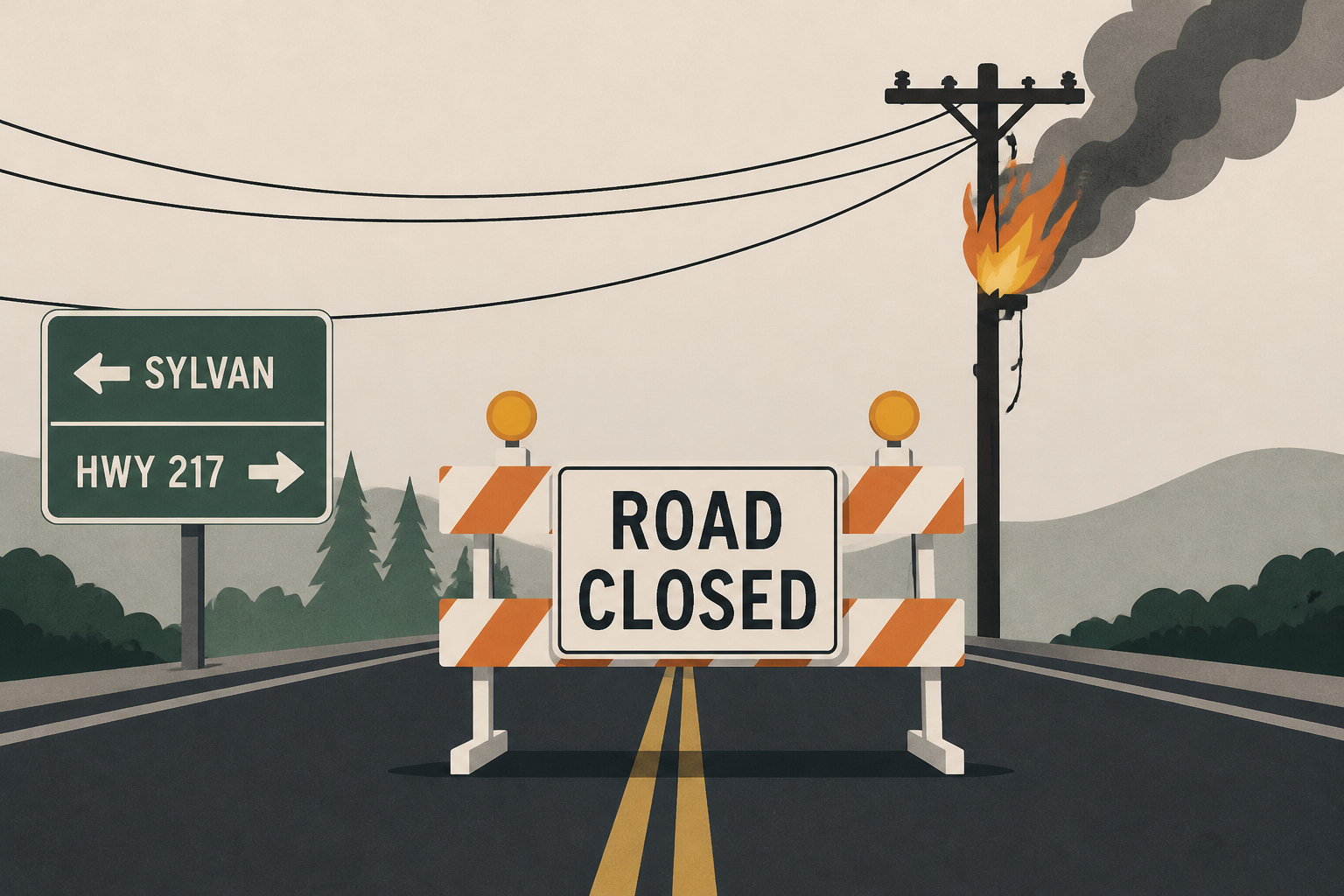 Highway 26 closed through morning commute from Sylvan to Highway 217 after power pole fire