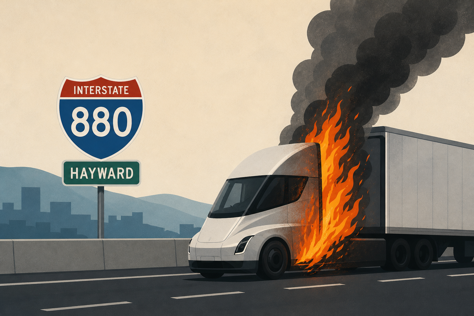 Tesla semi-truck bursts into flames, shuts down I-880 in Hayward