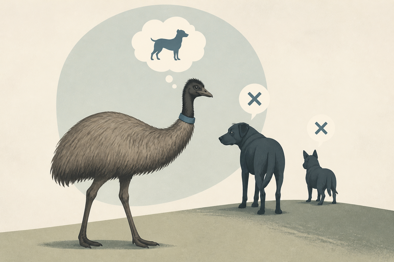 Emu Thinks She’s One of the Dogs, but They Want No Part of Her