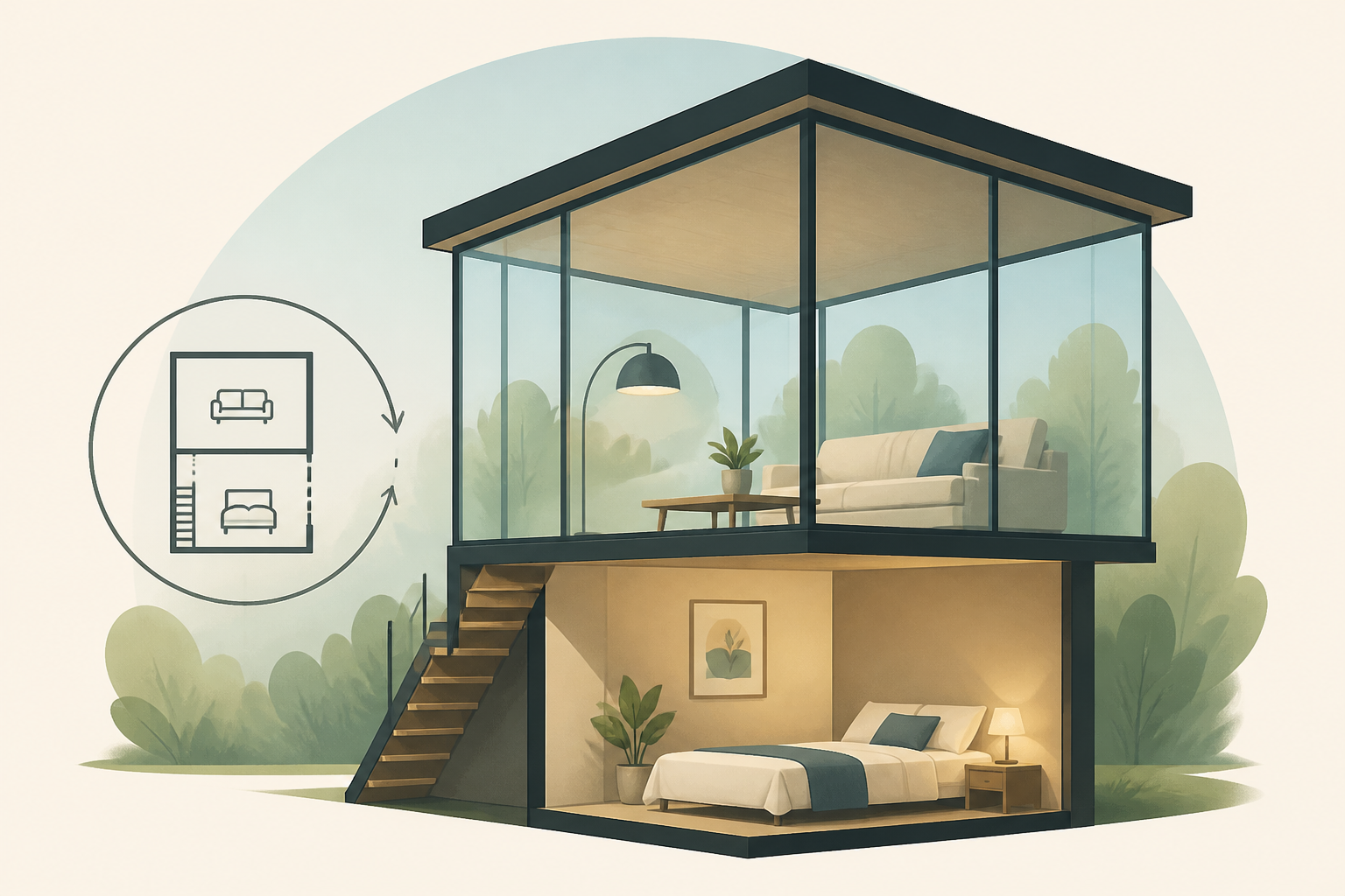 This Tiny Home Wraps Its Living Room in Glass and Keeps the Main Bedroom Downstairs