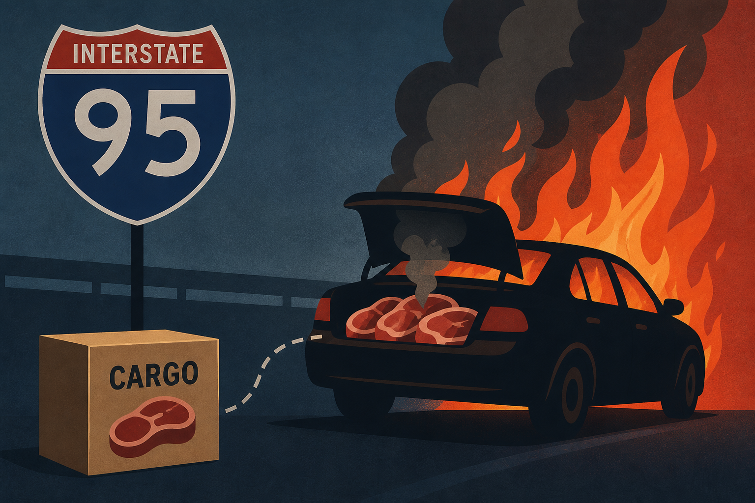 Car found burning on I-95 with smoking meat inside may be connected to Philly cargo heist: Source
