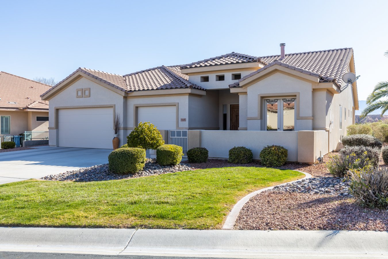 38774 Enter this Beautiful Home through gated courtyard. Home offers open floor plan with Great room with fireplace, large dining area, Beautiful Kitchen and breakfast bar, Plus the enjoy the Great views from them all. Master bedroom also has fireplace and great views, large walk in closet. Master bath with large walk in shower with double shower heads, jetted tub, and double sinks. Kitchen with plenty of alder cabinets,granite counters,under cabinet lighting, and convection stove/oven plus walk in pantry. Plus 2 more bedrooms, guest bath, Office/Den. Access to large covered patio from,Living area, Master bedroom and 3 bedroom where you can enjoy the Amazing Views. Large laundry room with plenty of storage. Plumbed for misters,wired for alarm system, levitiron home system, Home entertainment system throughout. 2 AC units. 652 Sq Ft 3 car garage with built in storage. This Is a MUST SEE HOME!!! Also enjoy Mesquite Vistas Pool, Hot tub,Tennis courts and golf privileges