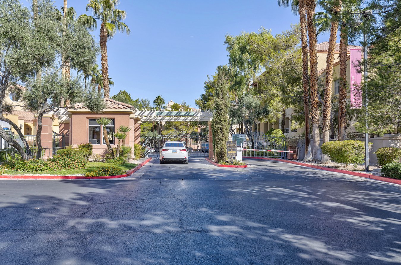 Fully furnished resort style condo*Heart of the Strip is 1.5 blocks away, 2 Beautiful pools with cabanas, spa, gym, racquet ball court, 2 tennis courts, BBQ's, located inside 16 acre community with lush landscaped grounds, and gated with 24 hour security. This is one level unit with balcony, 2 bedrooms and 2 baths, features stainless appliances and granite counter tops, tile floors in living area, bedrooms wood Laminate, recessed lighting and crown molding, washer and dryer in unit, assigned and secure underground parking.