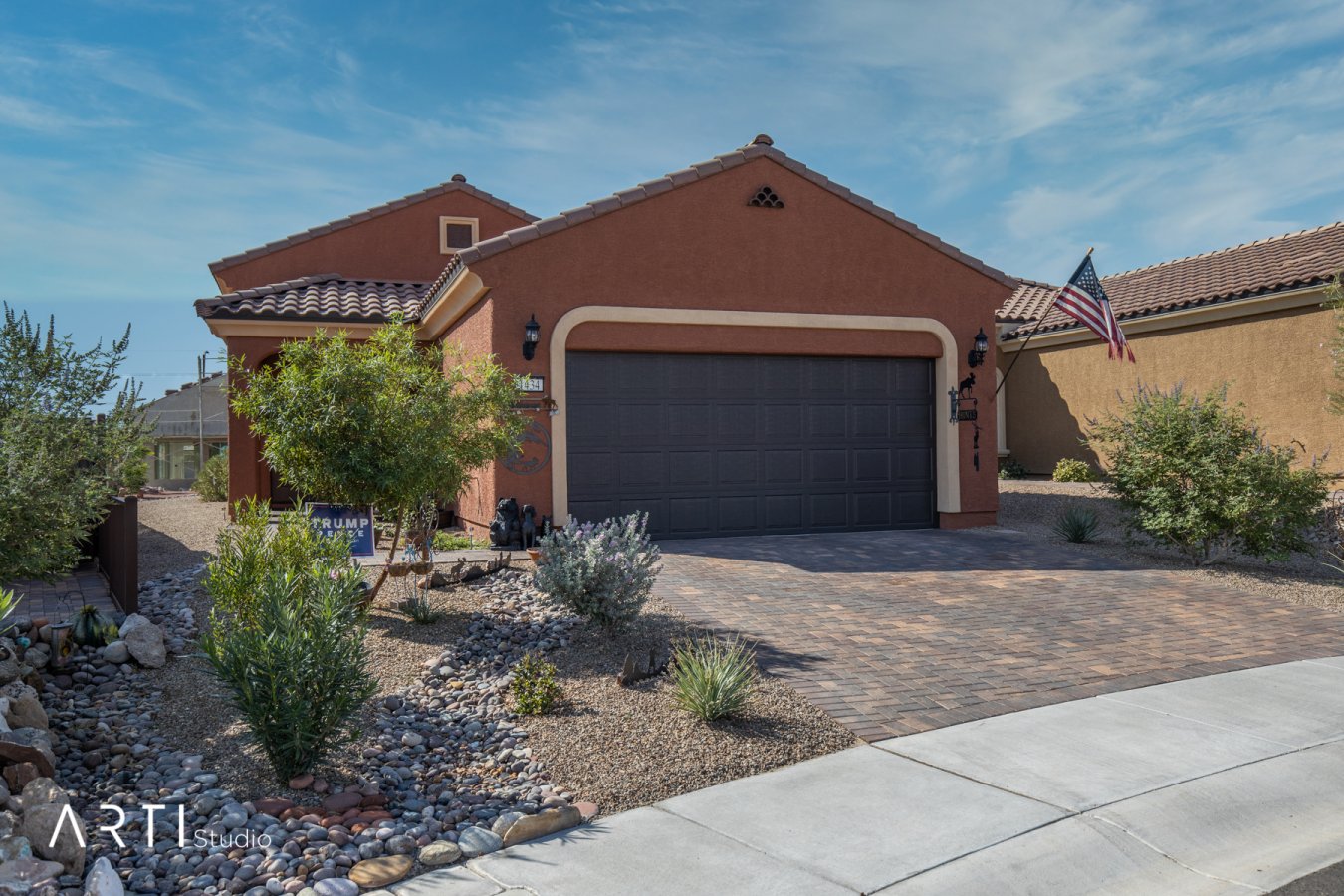 46138 Beautiful sought after Aster model. Only a 1 1/2 years old and located in the Crescent Moon Subdivision, in Sun City. This home is located at the end of a quiet cul de sac with mountain views from the backyard. Front and back yard is fully landscaped with drip system and easy to maintain. The master bedrooms is good size, and the master bath has a double sink vanity plus a make-up station and a wonderful walk-in shower. The open concept from the kitchen to the dining area and living room has wonderful natural light. Seller in process of having pavers extended off back patio, metal awning and privacy fence added onto the property.