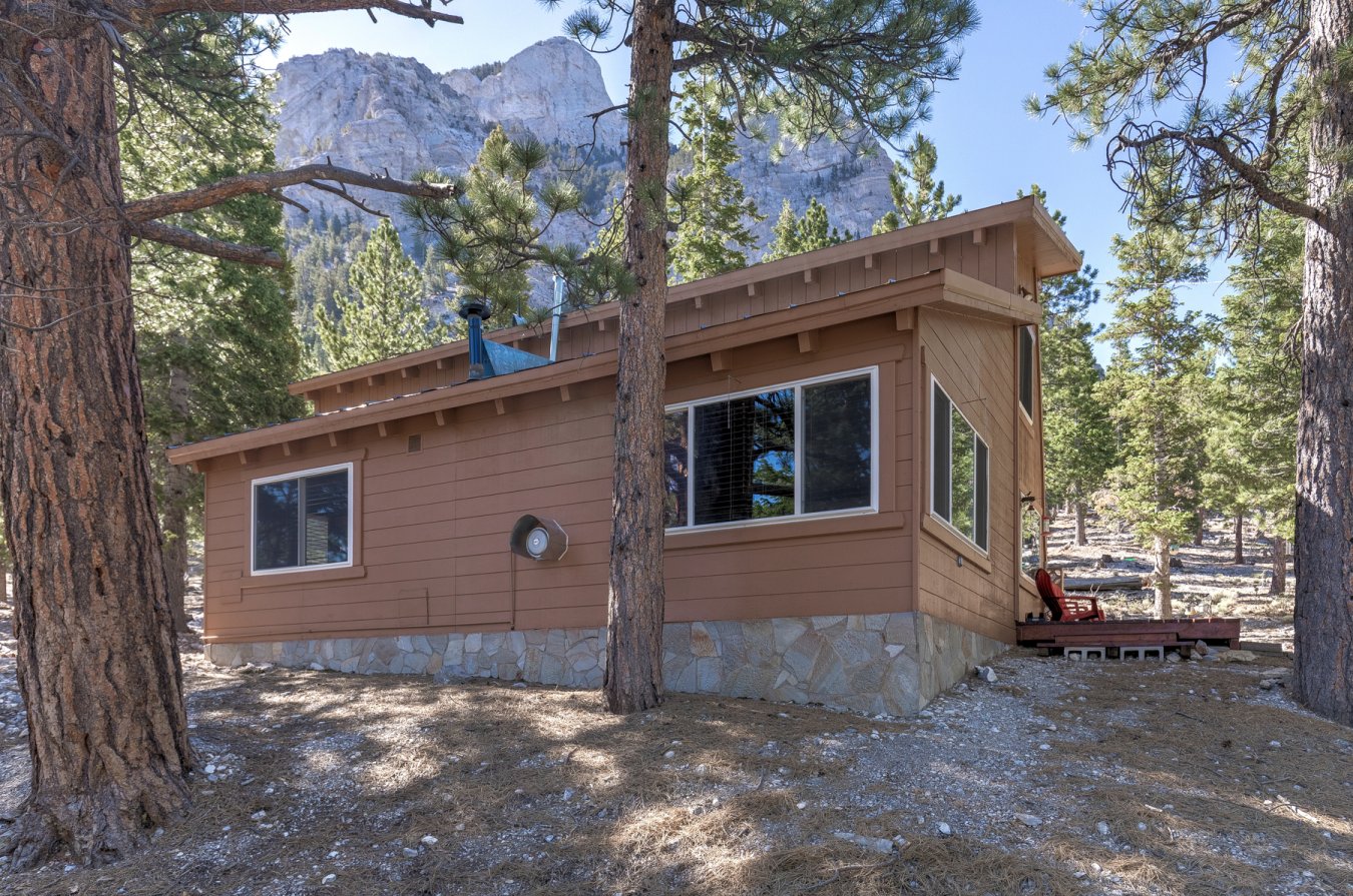Stunning unique mountain retreat! Total seclusion nestled in the Alpine setting of Lee Canyon. This hidden gem is only 40 minutes from Las Vegas and about 2 miles from the Ski & Snowboard Resort. 30 degrees cooler than LV! One of a few cabins with this tremendous view & no neighbors behind you. Completely updated top to bottom. Go green at this totally off the grid living with all the modern comforts. It has an owned solar system with a new Kohler residential generator & newer batteries & components. There is also new & improved leach field. Stunning mountain views with a unique perspective of the 1000' escarpment as a focal point! Tremendous view from the full wall of windows from the primary suite. Stacked stone accents surrounding the free standing wood burning stove plus propane heating with a central unit and hi efficiency direct vent wall unit. 1 of 9 cabins in a gated community on a .78 acre lot. Enjoy year round since the road is plowed in the winter!