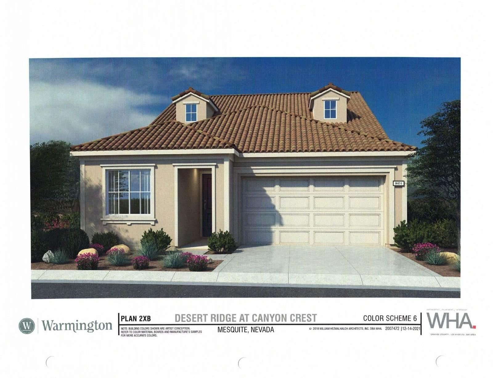 59249 Beautiful BRAND NEW HOME by Desert Ridge includes an array of wonderful features that contribute to exceptional and spacious living! This great home is approximately 2,518 sq. ft, 3 bed/3 bath, great room and bonus room. The main floor has the primary bedroom, a guest room and den. Single level living at it's finest with additional space upstairs for a variety of uses. The potential is endless. Visit us at the Showcase Home to see all the included standout features. Located in the community of Canyon Crest, Desert Ridge is close to Oasis Golf Course, plus there are 7 additional golf courses within 10 minutes of your new home! Approximately 85 miles to Vegas, 35 to St. George, just a few hours to Zion National Park, an hour to Valley of Fire, less than 90 minutes from Lake Mead! Sales office hours are open daily 9am-4pm July 1-Aug 31 and 10am-5pm Sept 1-June 30. Directions - From the I-15 in Mesquite, take exit 122/Pioneer Blvd. and travel north. Turn right on Oasis Blvd., travel through the roundabout, and make the 2nd right remaining on Oasis Blvd. At the next roundabout, take your 1st right on Oasis Blvd. Make a left on Catalina Ridge and enter the Desert Ridge community.