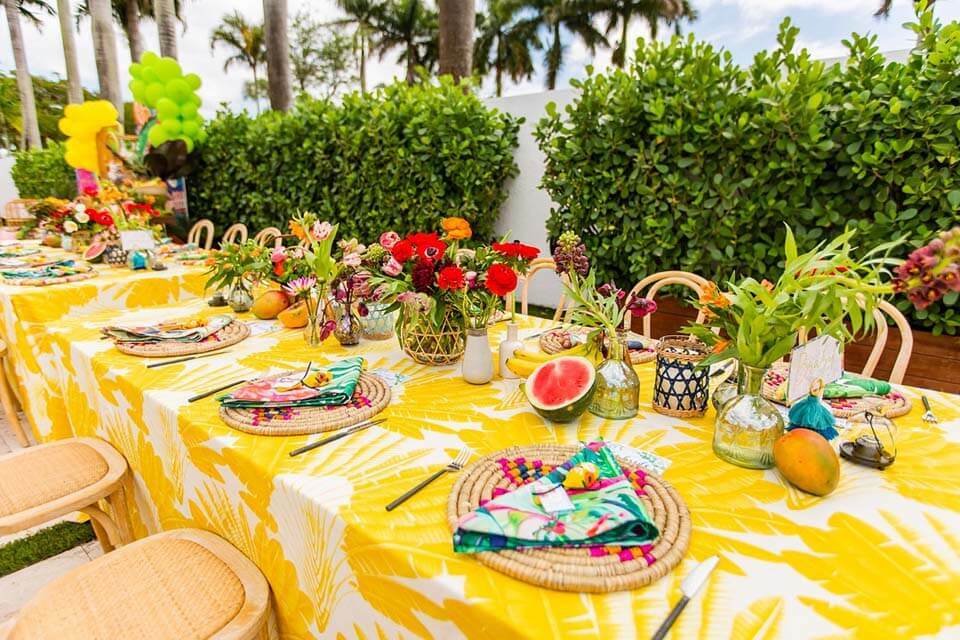 Colorful Wedding Ideas | Bold patterned linens like this bright yellow floral print tablescape