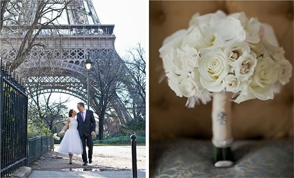 Newlyweds in front of the Eiffel Tower during their Paris destination wedding