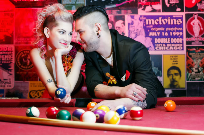 Engagement photos at a bar