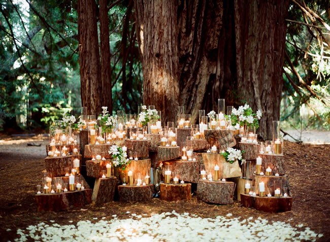 Forest Wedding Ceremony Altar by Waterlily Pond A tree stump wedding ceremony altar with flowers and candles