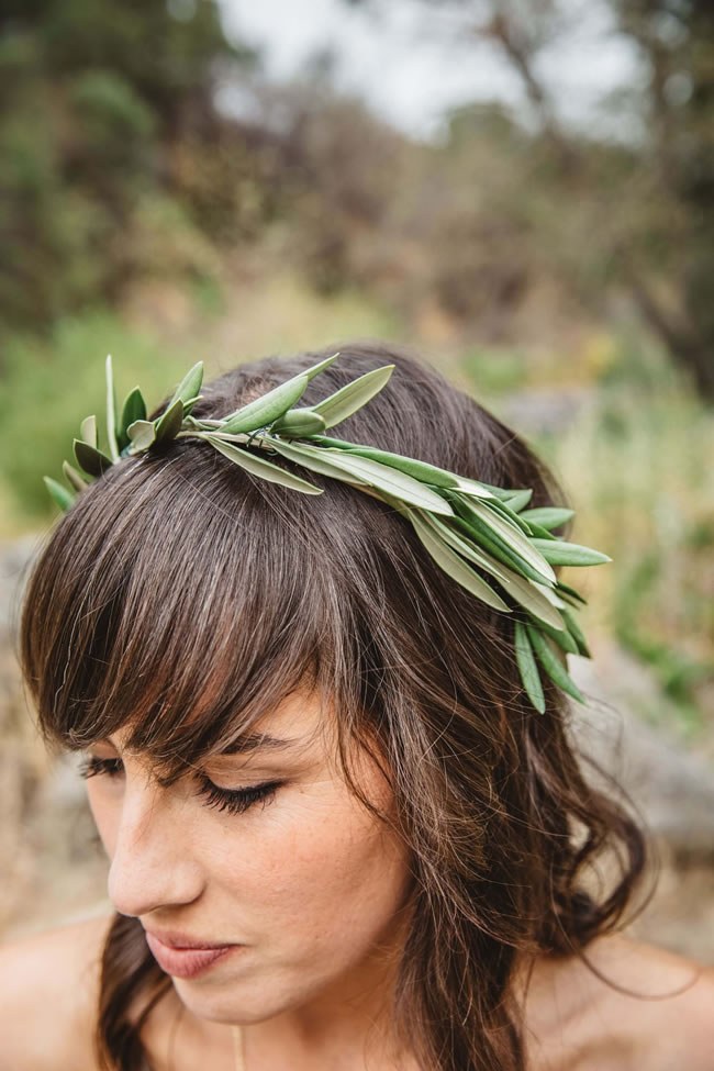 Olive Leaf Crown by Home Sweet Flowers A bride with a crown of olives leaves on her hair