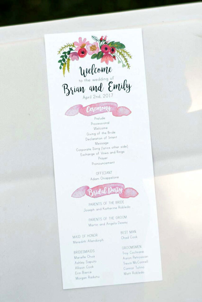 Wedding ceremony program with pink watercolor flowers Wedding ceremony program with pink watercolor flowers