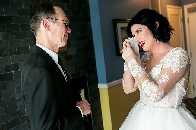 Things To Be Thankful For During Wedding Planning Bride wipes away happy tears as she greets her dad