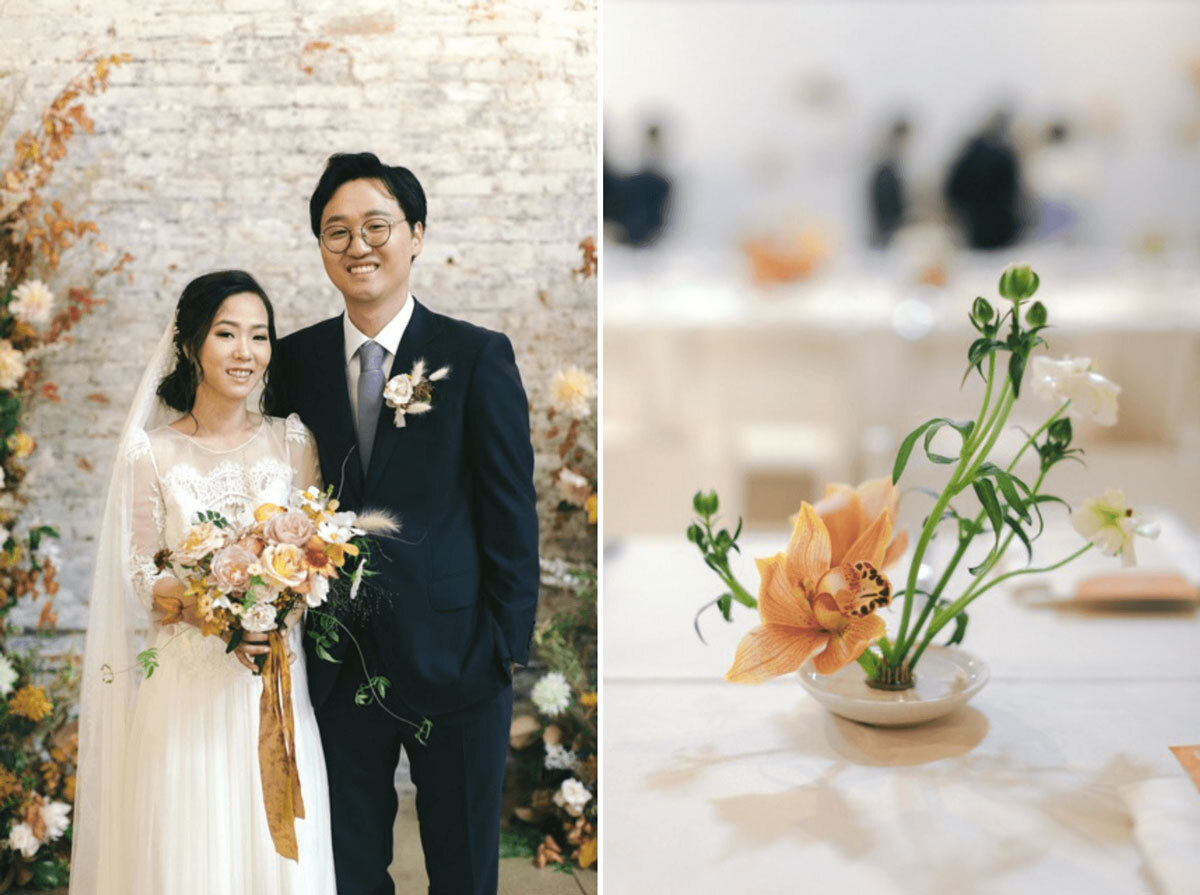 A bride and groom with a beautiful bouquet and boutonniere