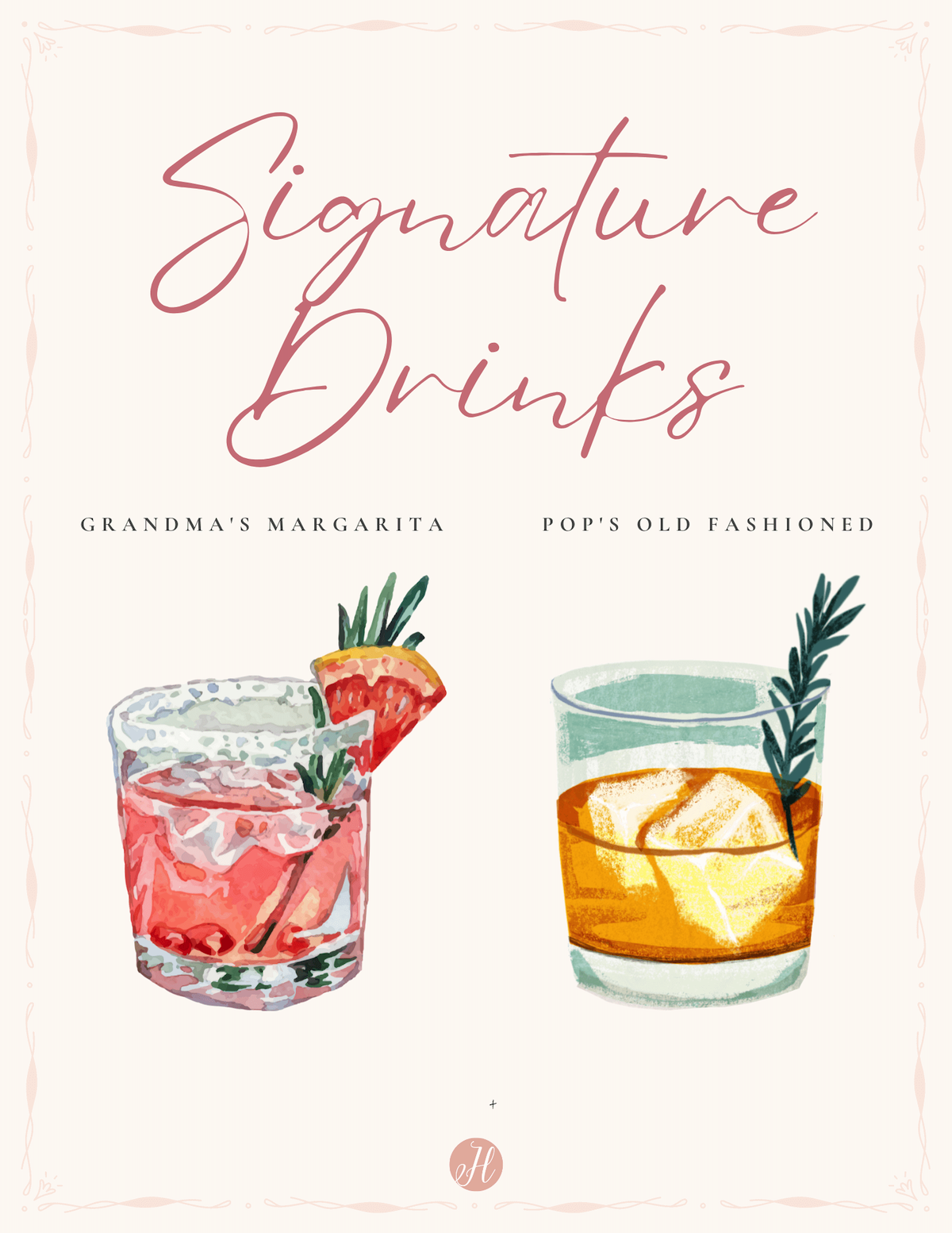 A Signature Drinks bar sign for a wedding