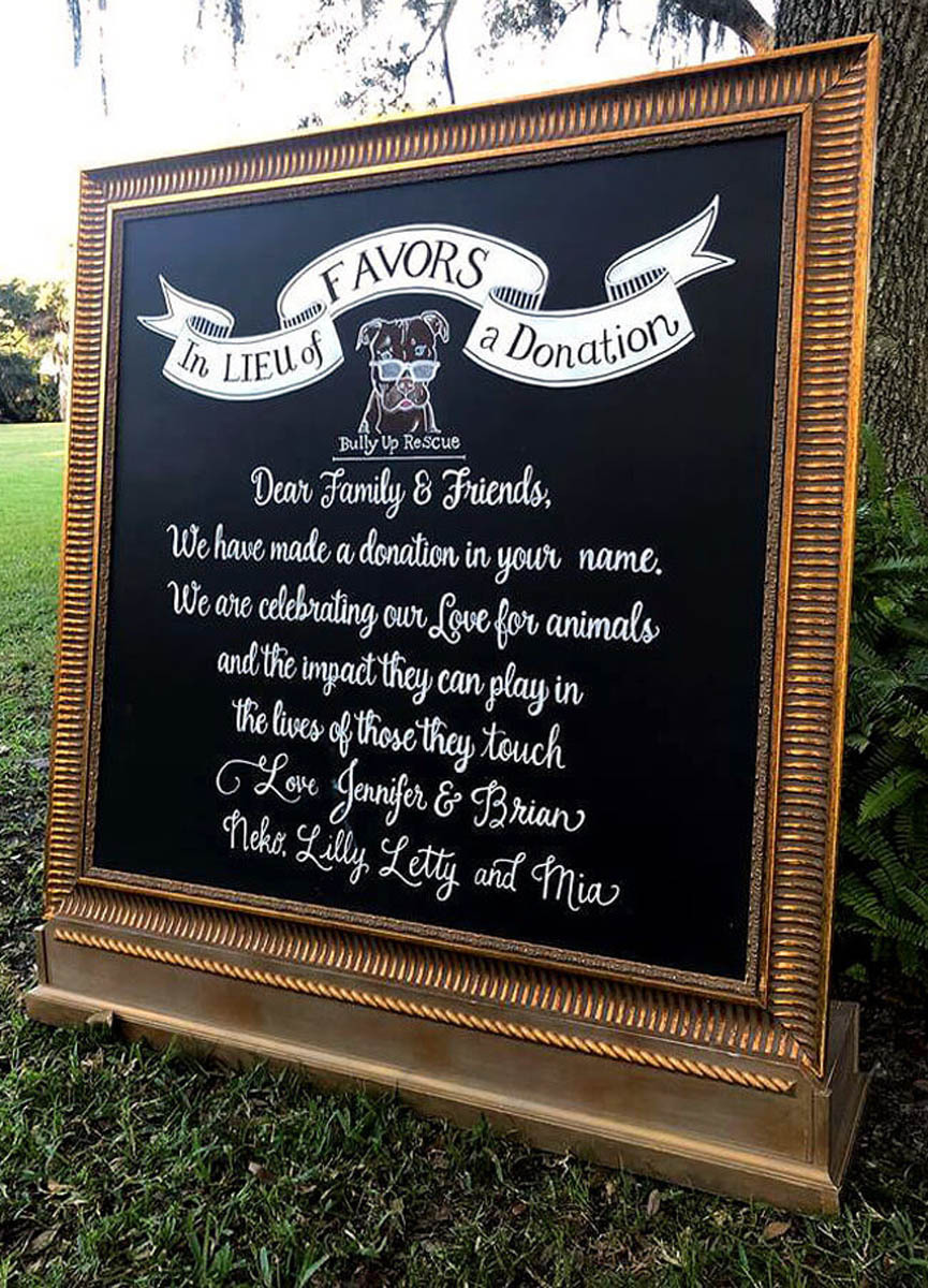 In lieu of favors wedding donation sign
