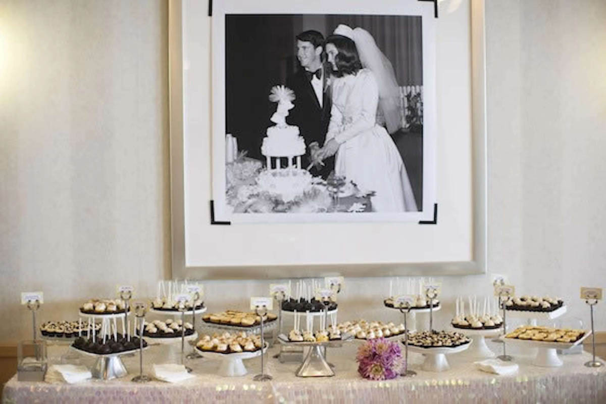 A vintage family wedding photo blown up and framed at a wedding reception
