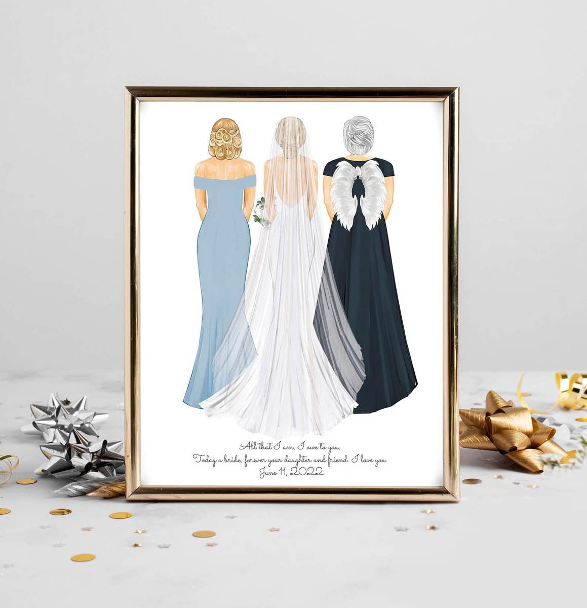 A personalized art print of a bride with an angel loved one