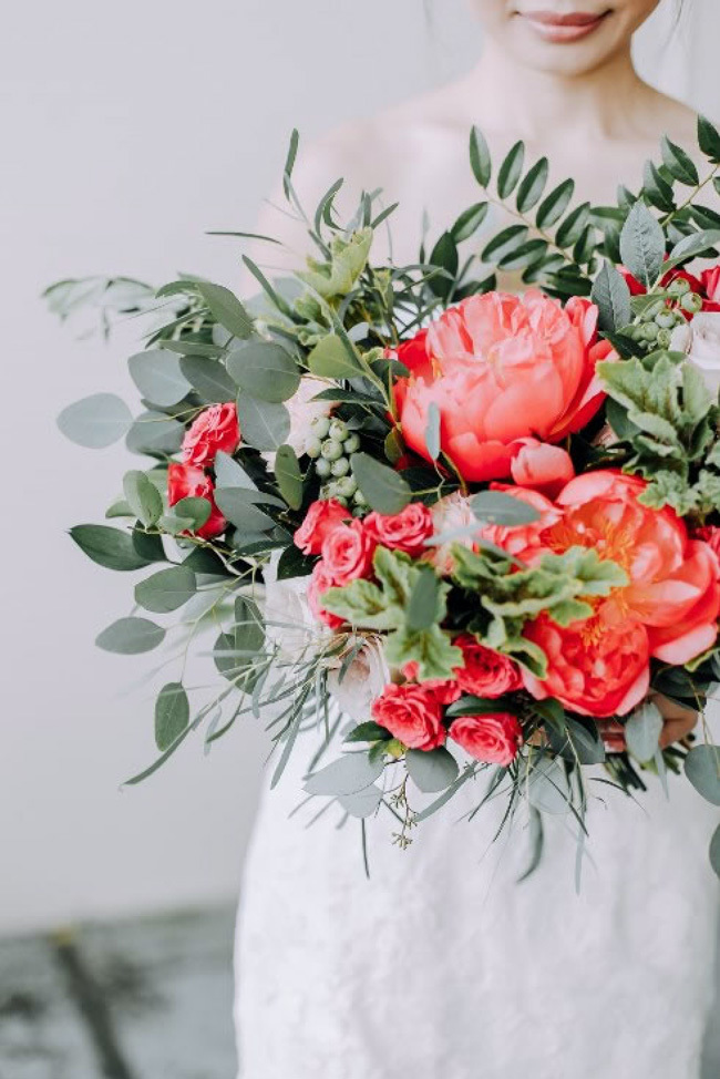 Coral charm peony wedding bouquet