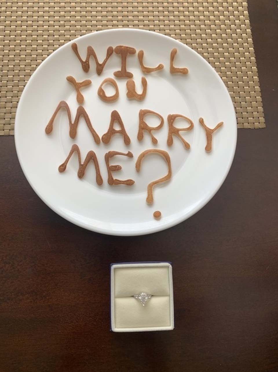 Proposal with Will You Marry Me shaped pancakes at Sunday brunch