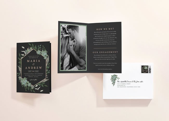 Elegant black and green wedding invitation suite