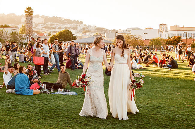 How To Get Married in San Francisco Two brides celebrate their wedding at Dolores Park in San Francisco
