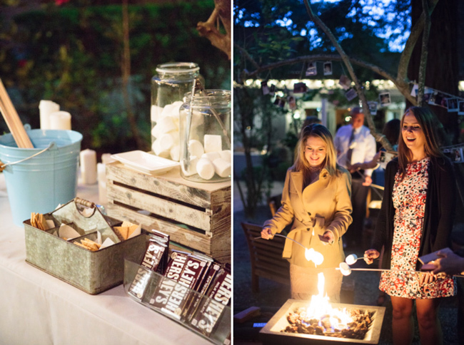 Wedding guests enjoy a DIY S'mores bar and fire pit for roasting! Wedding guests enjoy a DIY S'mores bar and fire pit for roasting!