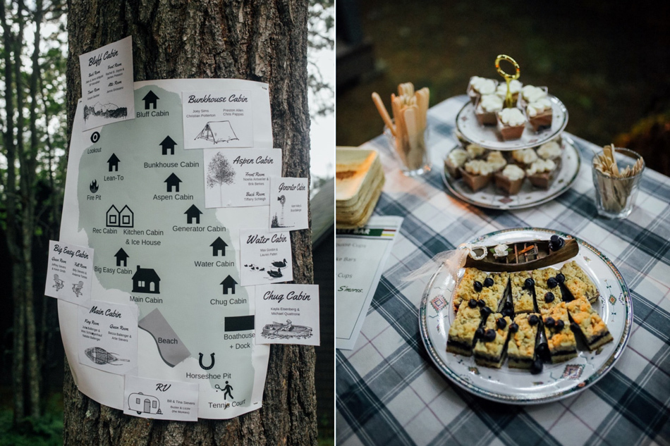 Camp Wedding Decor Ideas | Cabin map + rustic dessert tray