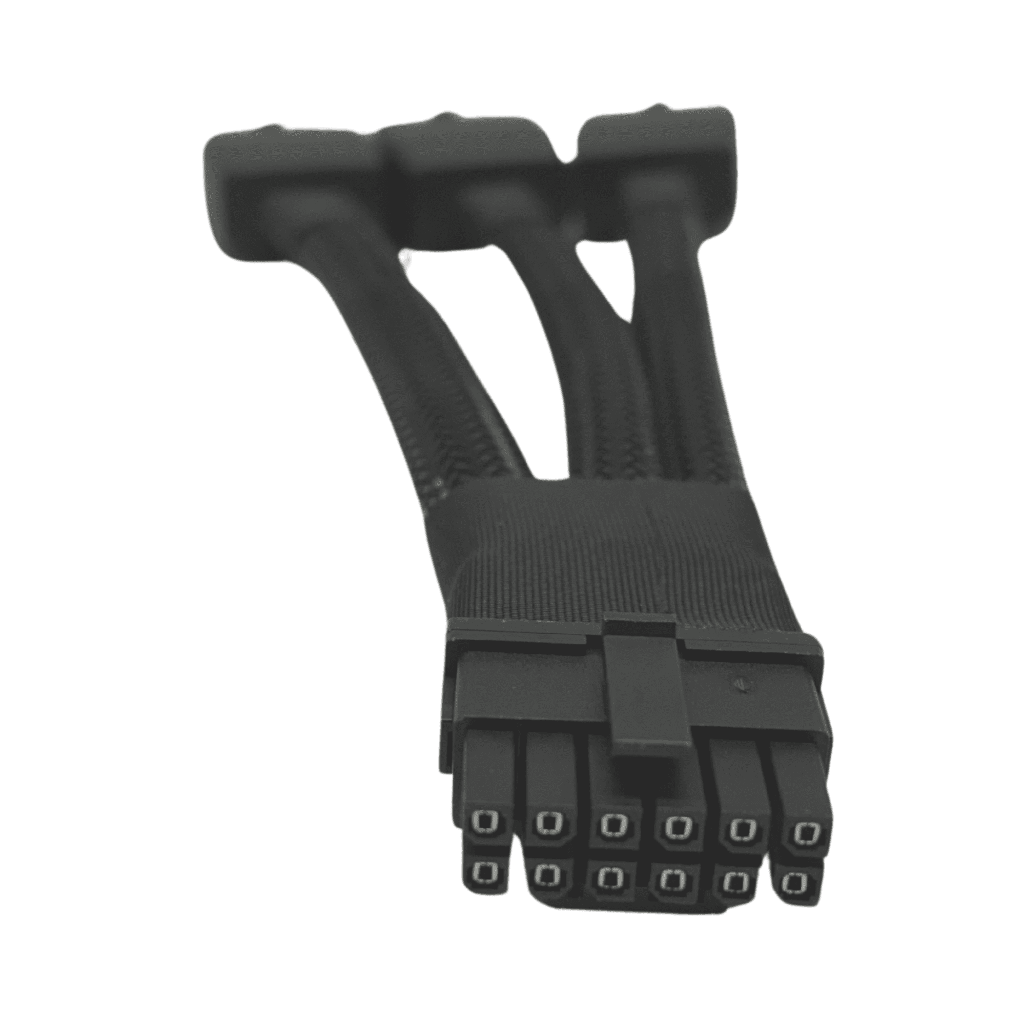 Close-up of 12VHPWR connector and triple 8-pin inputs for NVIDIA GPUs