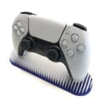 Blue and translucent ps5 controller stand front, clear ps5 controller holder side view