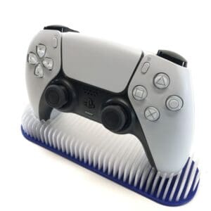 Blue and translucent ps5 controller stand front, clear ps5 controller holder side view