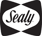Sealy logo featuring the word Sealy in cursive black font, centered within a white hourglass shape bordered by black, creating a bold and modern look.