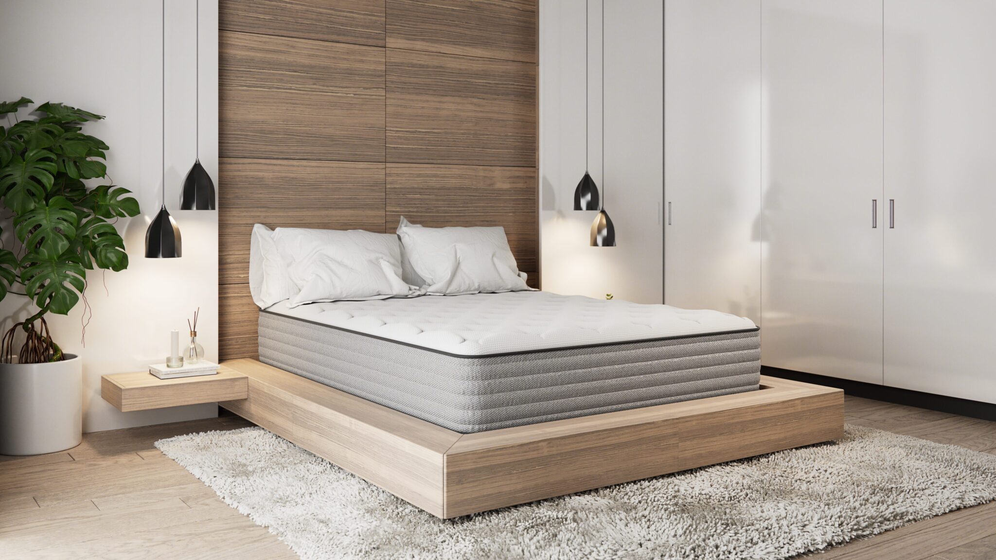 A modern bedroom with a wooden platform bed featuring the Diamond Mattress Allure Luxury Firm, white bedding, black pendant lights, a large plant on the left, and white closets with a soft textured rug completing the space.