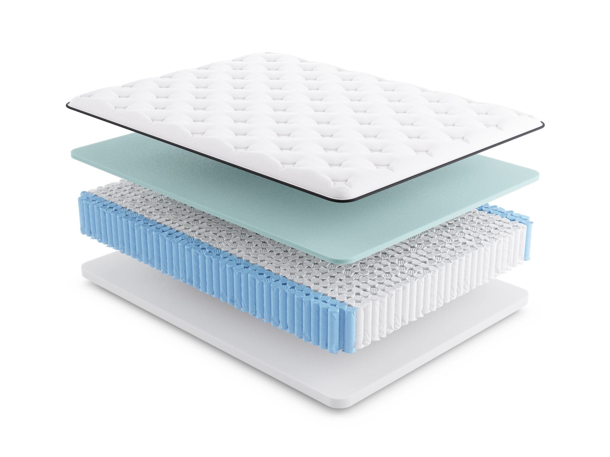 Exploded view of the Diamond Mattress Allure Luxury Firm shows four layers: a quilted white top, blue foam, blue and white pocketed coils, and a solid white base layer, all floating above one another.