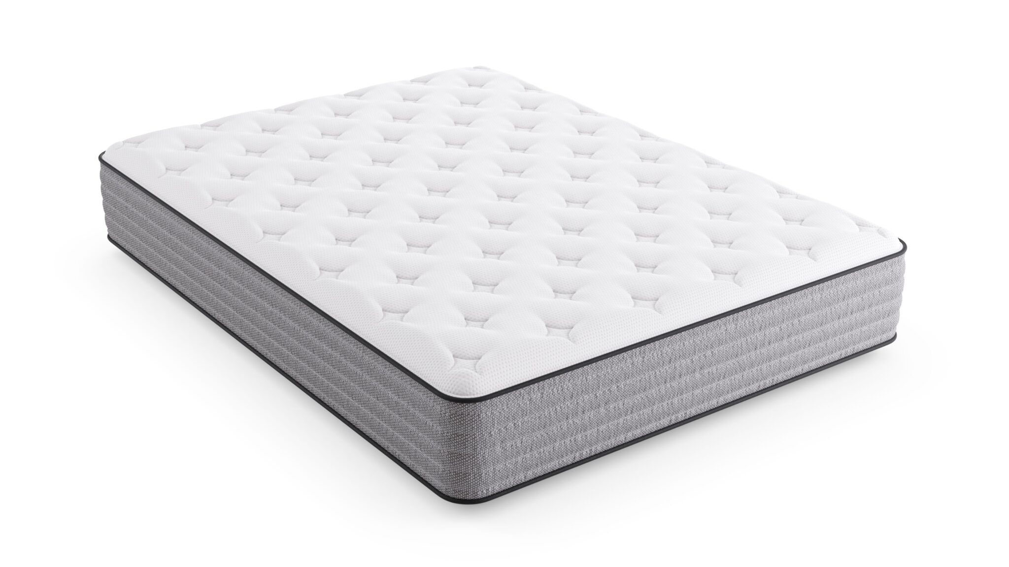 The Diamond Mattress Allure Luxury Firm showcases a white quilted top, gray sides, plush profile, and black edge piping, all presented against a white background.
