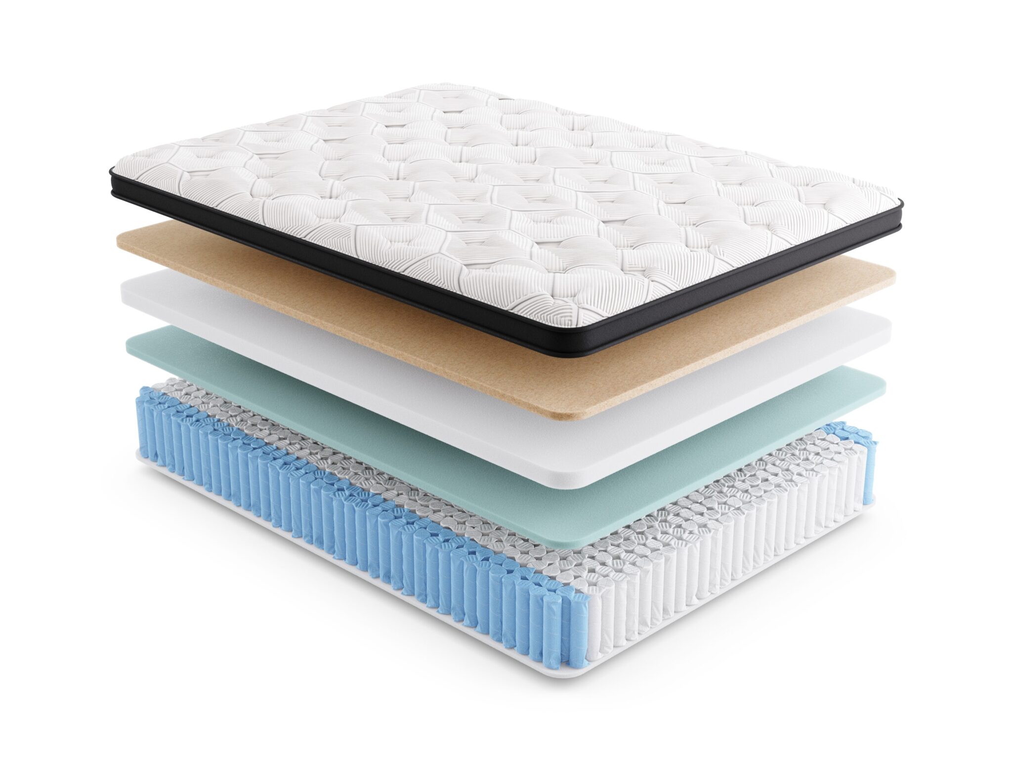 The Diamond Mattress Nova Copper Cool Plush is displayed in an exploded view with six layers, including a quilted top, cooling foam, support layers, and individually wrapped coils floating separately above one another.