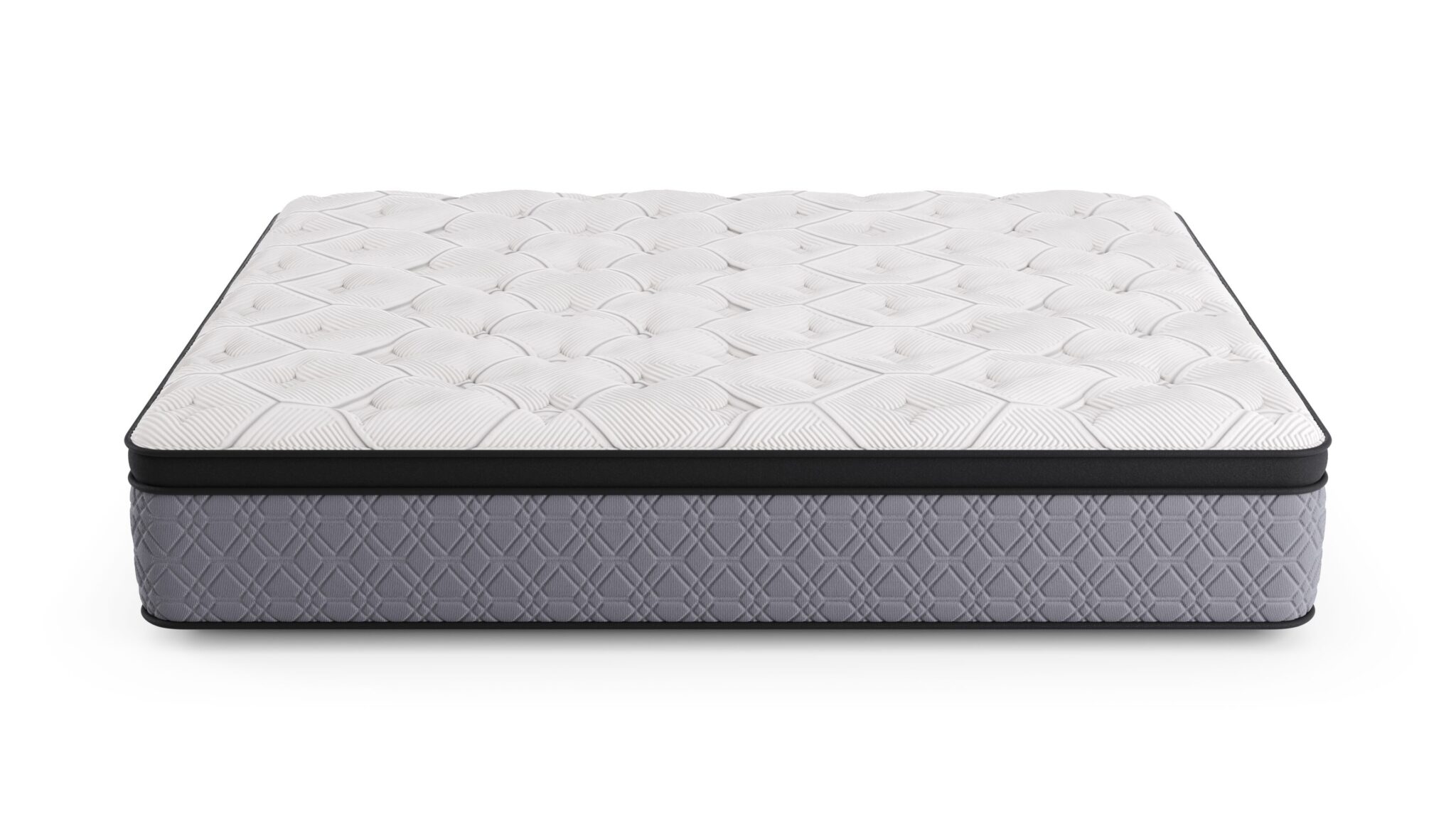 The Diamond Mattress Nova Copper Cool Plush in queen size features a white, tufted top surface and gray, diamond-patterned side panel, shown against a plain white background.