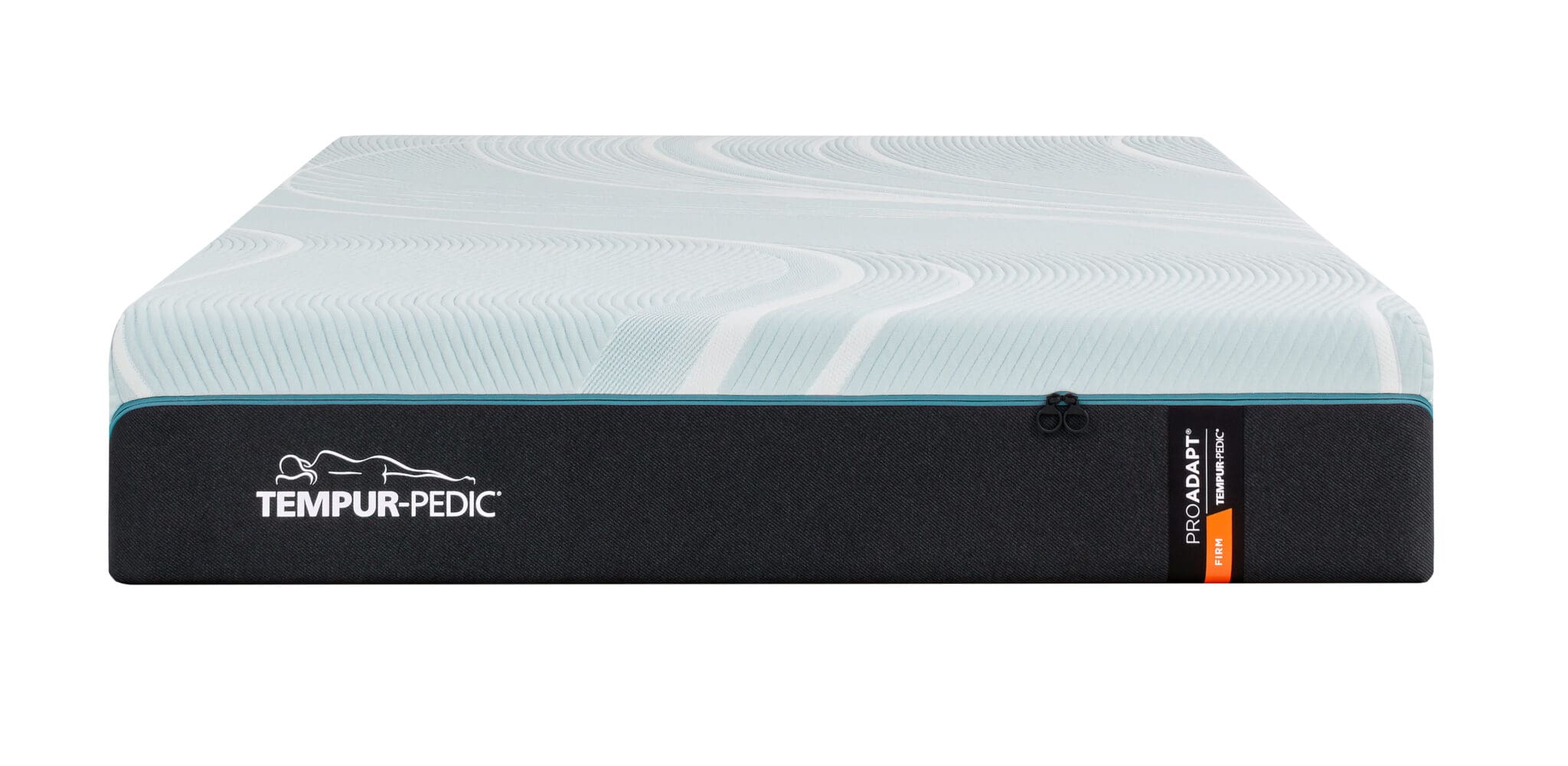 A Tempur-Pedic ProAdapt mattress shown from the front, featuring a light-colored, textured top and a dark side panel with branding and an orange accent tag.