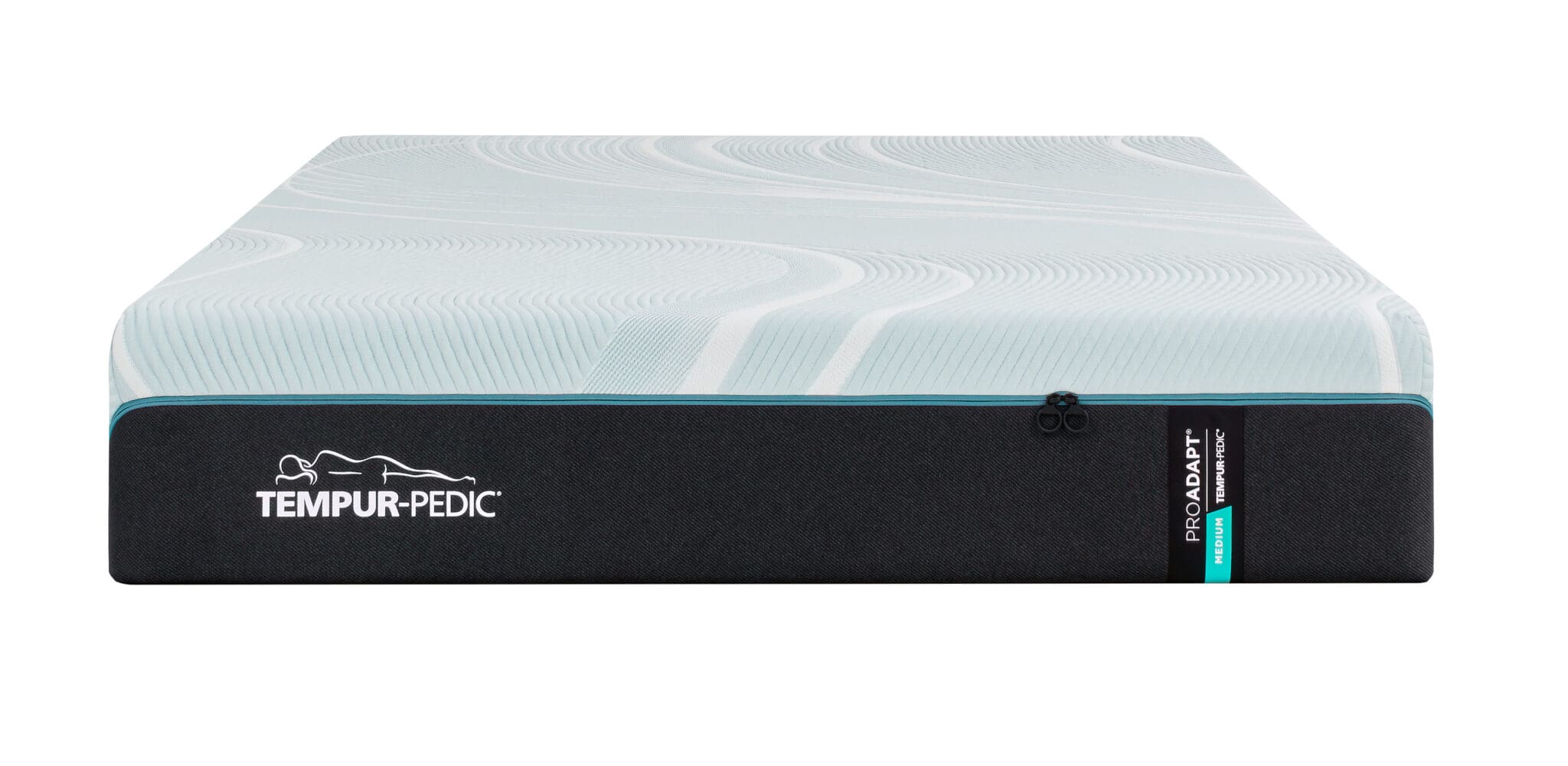 A Tempur-Pedic ProAdapt mattress with a light blue, textured top and a black side panel featuring the Tempur-Pedic logo and a teal accent near the corner.